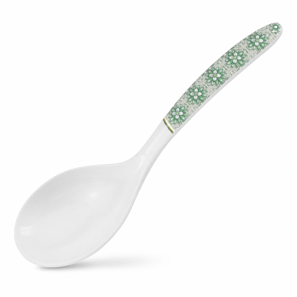 144 Pieces Rice Ladle with Green Floral Handle, White, 26 cm