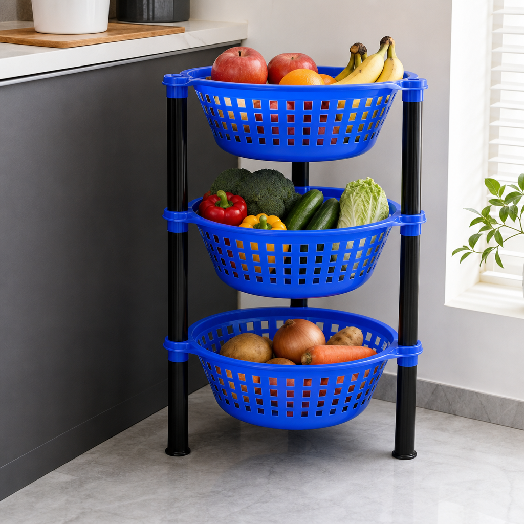 72 Pieces 3-Tier Plastic Storage Basket Rack, Blue and Black, Vertical Organizer for Home, Kitchen, Bathroom or Laundry, 1 Unit