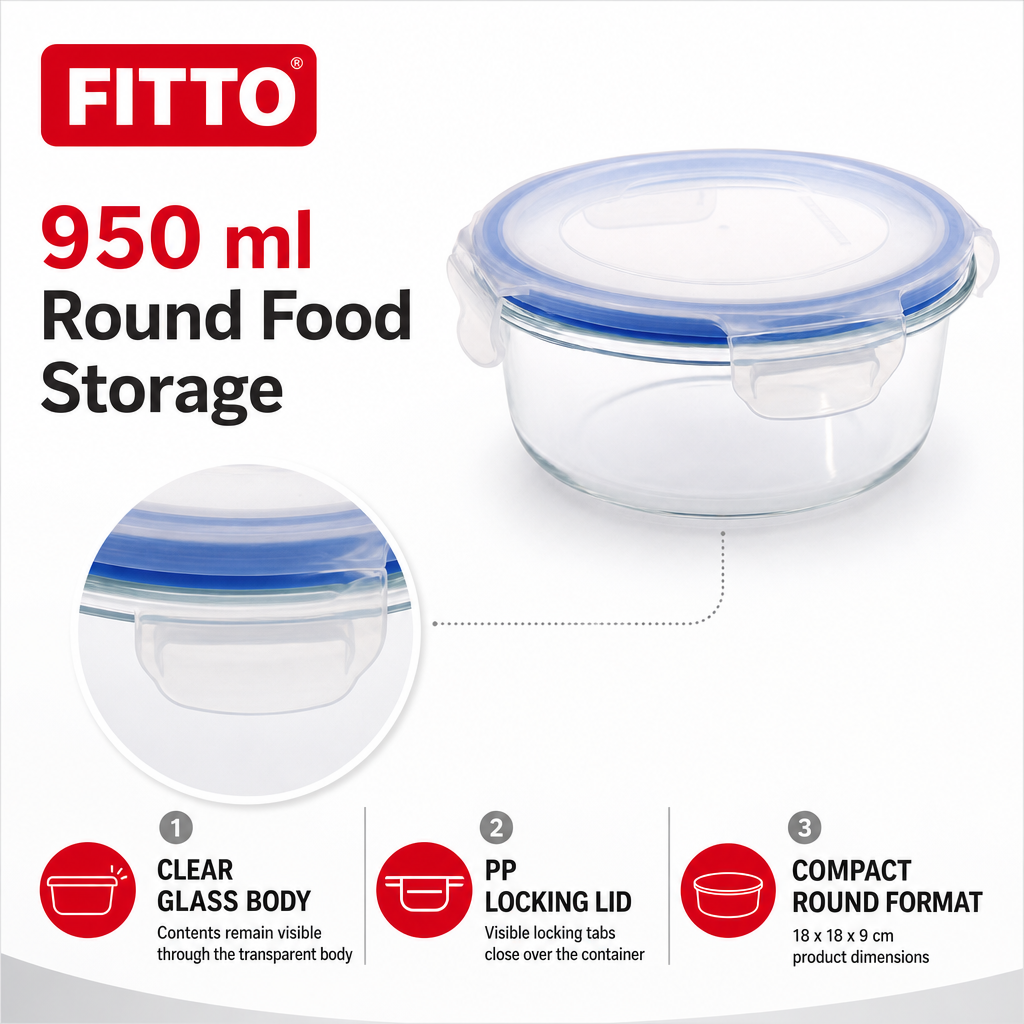 96 Pieces Round Glass Food Container with PP Locking Lid, 950 ml, Clear with Blue Lid