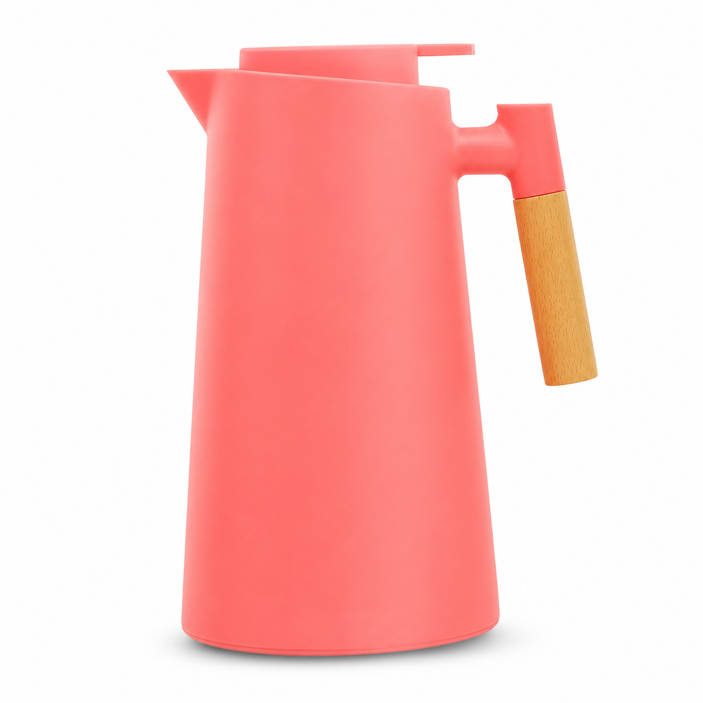 72 Pieces Plastic Vacuum Flask with Glass Refill, 1 Litre, Coral with Wood-Effect Handle