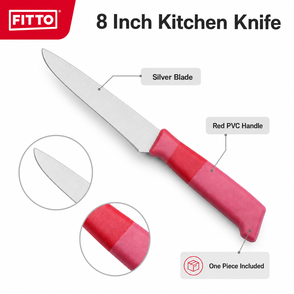 96 Pieces 8 Inch Kitchen Knives with Red PVC Handle and Silver Blade, 1 Piece