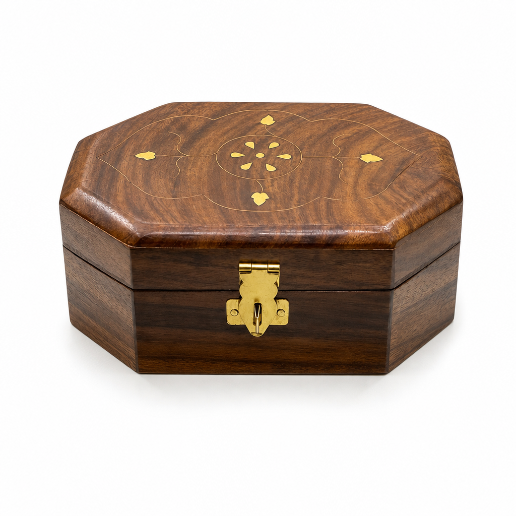 96 Pieces Wooden Octagonal Storage Box, 8 x 5 Inch, Hinged Lid and Front Clasp, Brown Decorative Organizer