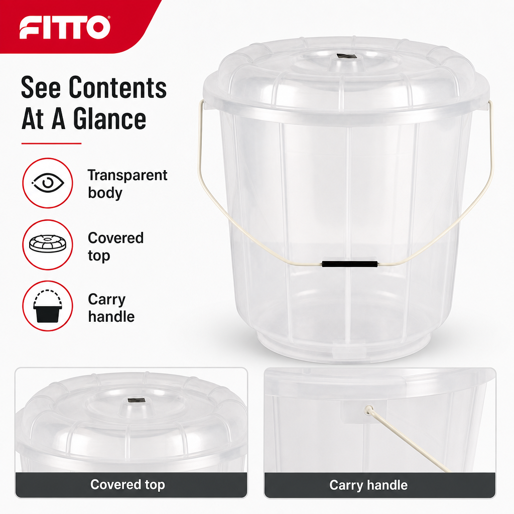 96 Pieces Transparent Plastic Bucket with Lid and Carry Handle, 9 Litre