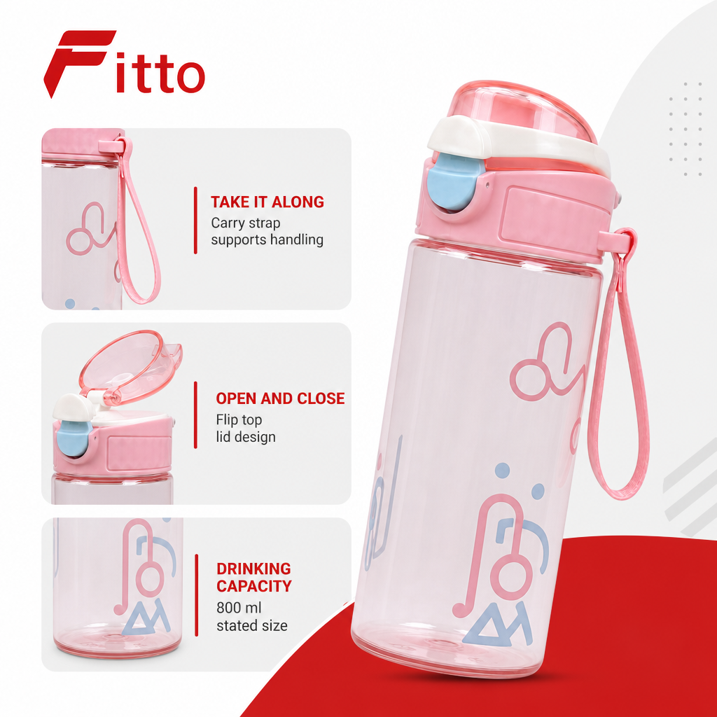 96 Pieces Pink Printed Water Bottle with Flip Top Lid and Carry Strap, 800 ml, 1 Piece