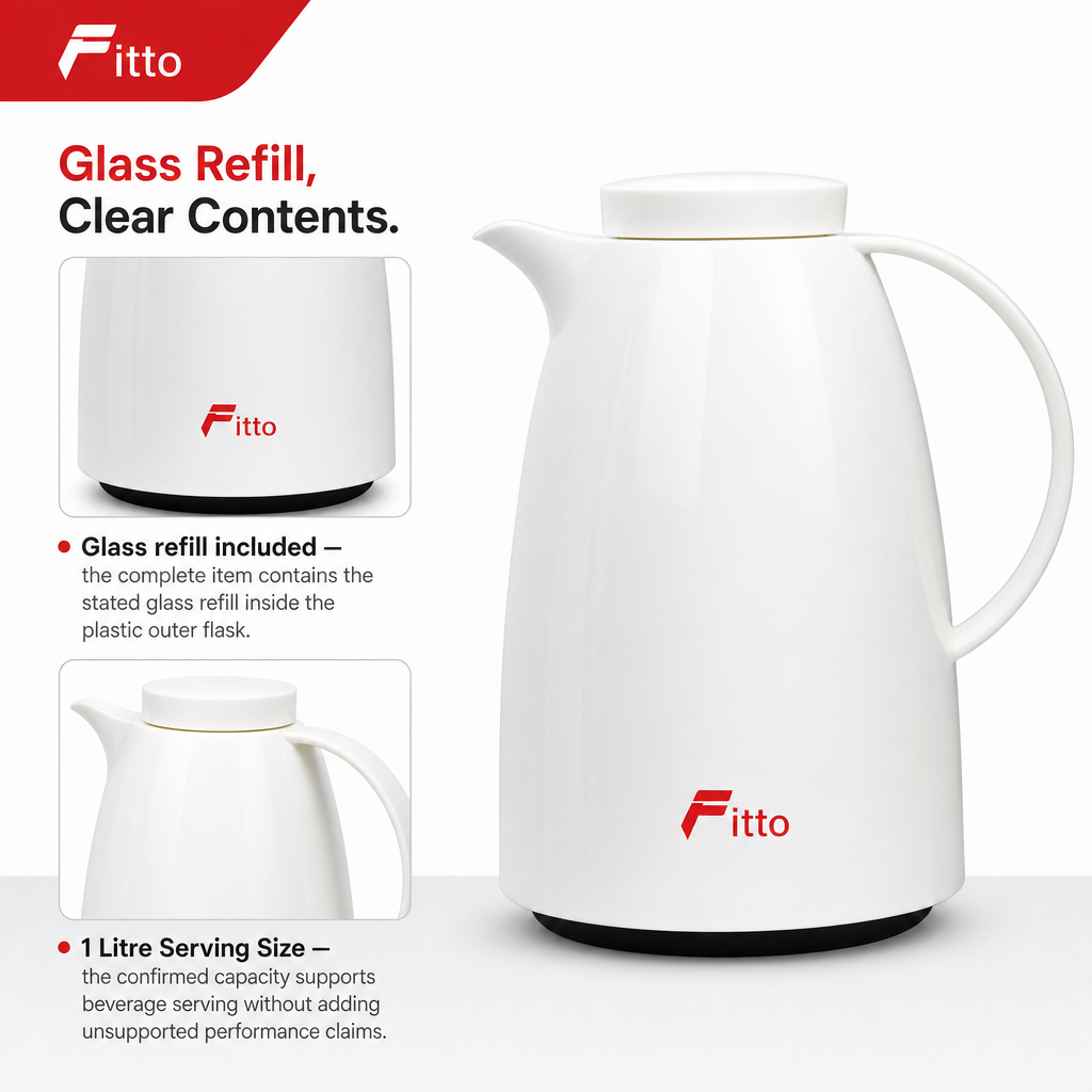72 Pieces Plastic Vacuum Flask with Glass Refill, 1 Litre, White and Gold
