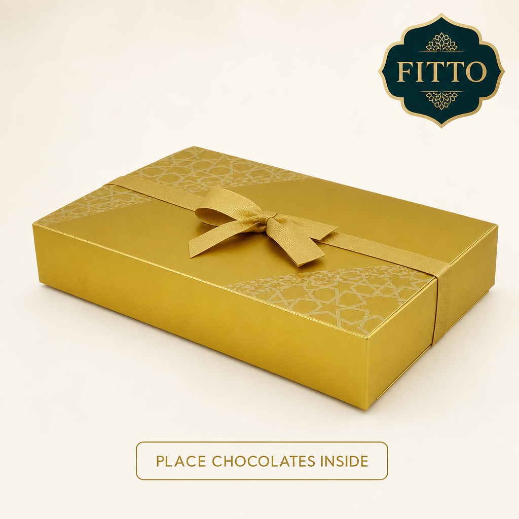 96 Pieces Gold Rectangular Chocolate Presentation Box with Ribbon, 26.5 × 16.5 × 4.8 cm, 1 Piece