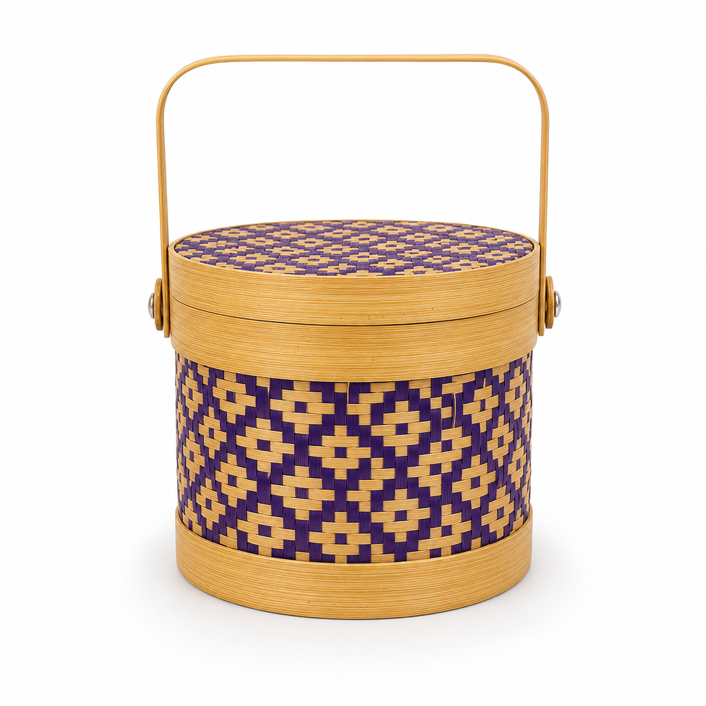 96 Pieces Round Woven Storage Box with Lid, Purple Pattern, 14 x 12 cm