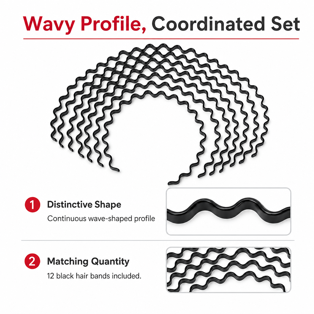 96 Pieces Black Wavy Fashion Hair Bands, 12 Pieces