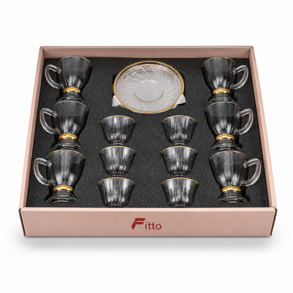 48 Pieces Clear Textured Glass Tea and Coffee Set with Gold Accents, 18 Pieces