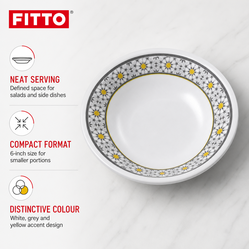 120 Pieces Melamine Salad Bowl, 6 Inch, White and Grey with Yellow Accents, Single Round Serving Bowl