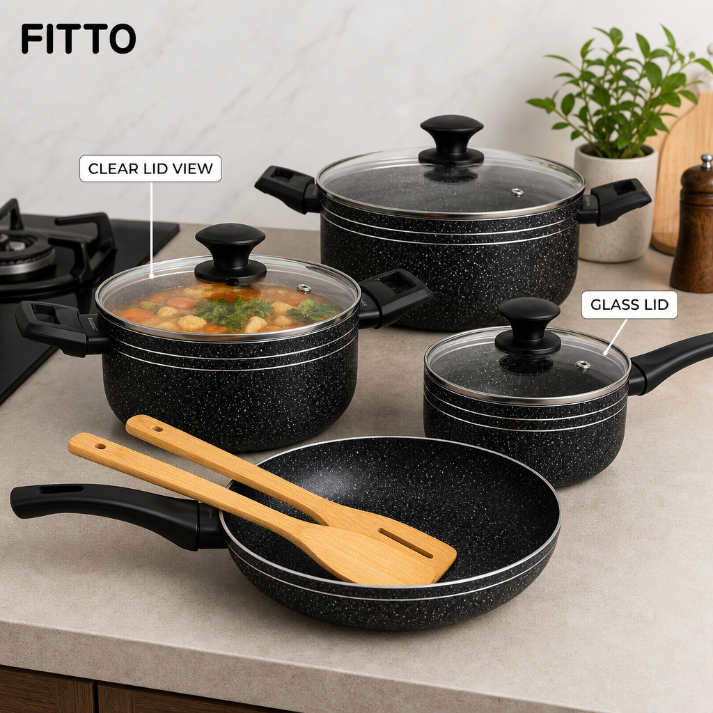 48 Pieces 7-Piece Non-Stick Cookwares Set with Glass Lids and Frying Pan, Black Granite