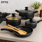 48 Pieces 7-Piece Non-Stick Cookwares Set with Glass Lids and Frying Pan, Black Granite