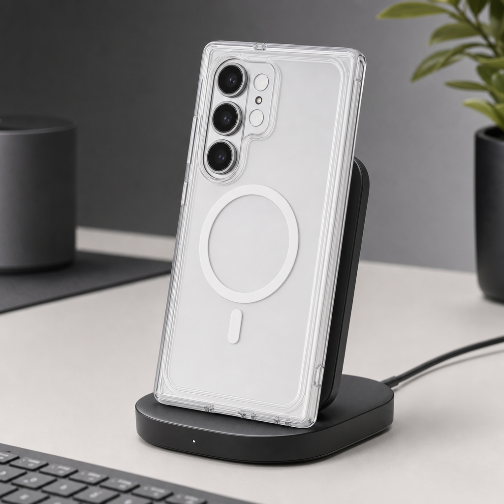 96 Pieces Crystal Clear Magnetic Phone Cases with Ring for Wireless Charging and Raised Camera Protection for A55