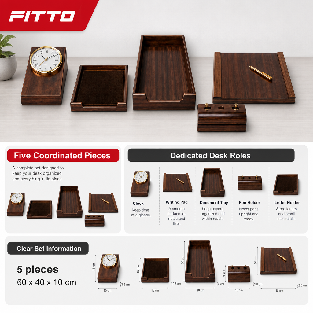48 Pieces 5-Piece Executive Desk Set with Clock, Writing Pad, Document Tray, Pen Holder and Letter Holder, Wood-Finish