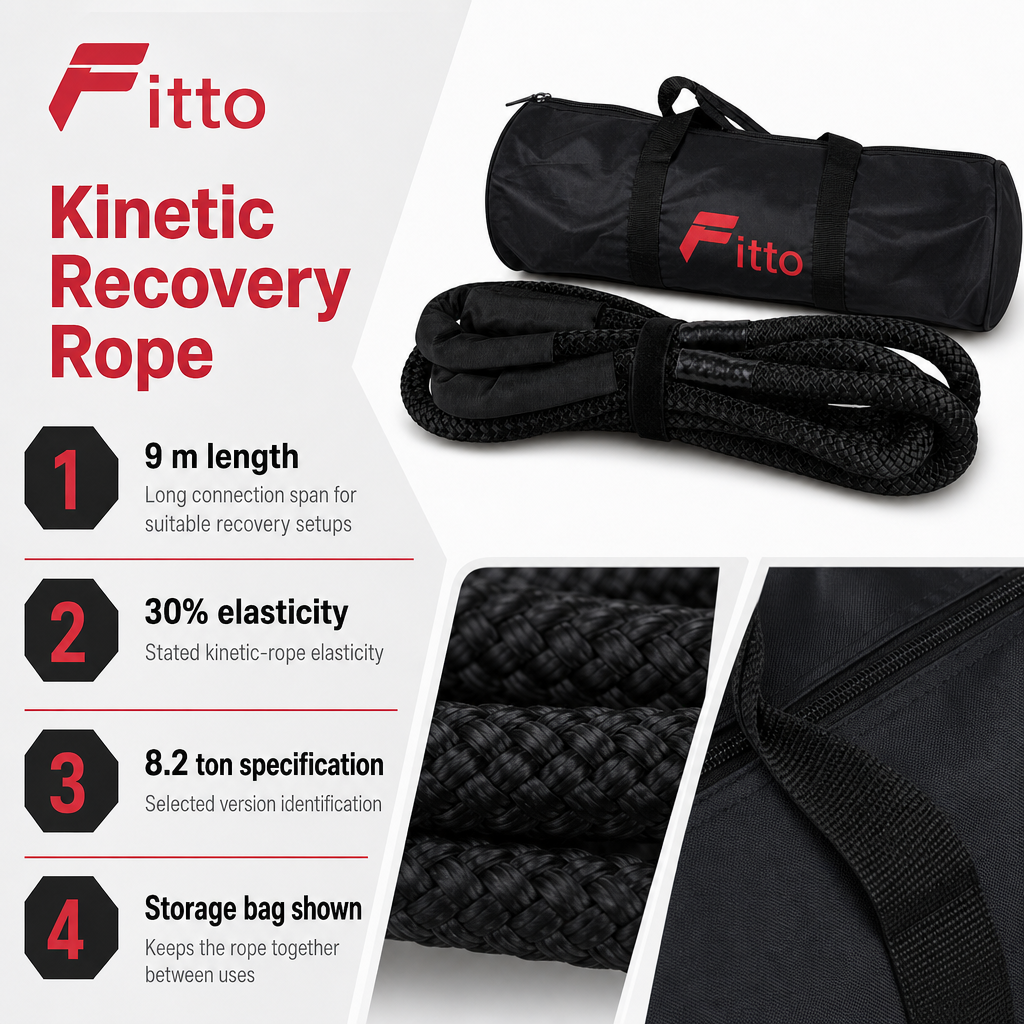 48 Pieces Kinetic Vehicle Recovery Tow Rope, 9 m, 8.2 Ton, 30% Elasticity, Black
