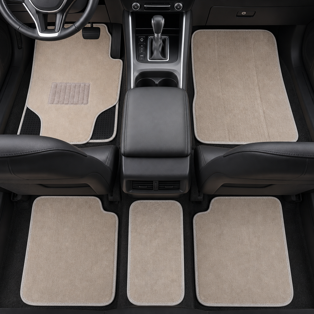 72 Pieces Universal Car Floor Mat Sets, Beige Carpet-Style Cut-Out Design, 5-Piece