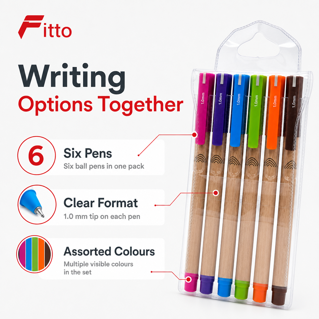 144 Pieces Ball Pens, 1.0 mm, Assorted Colours, 6-Pack