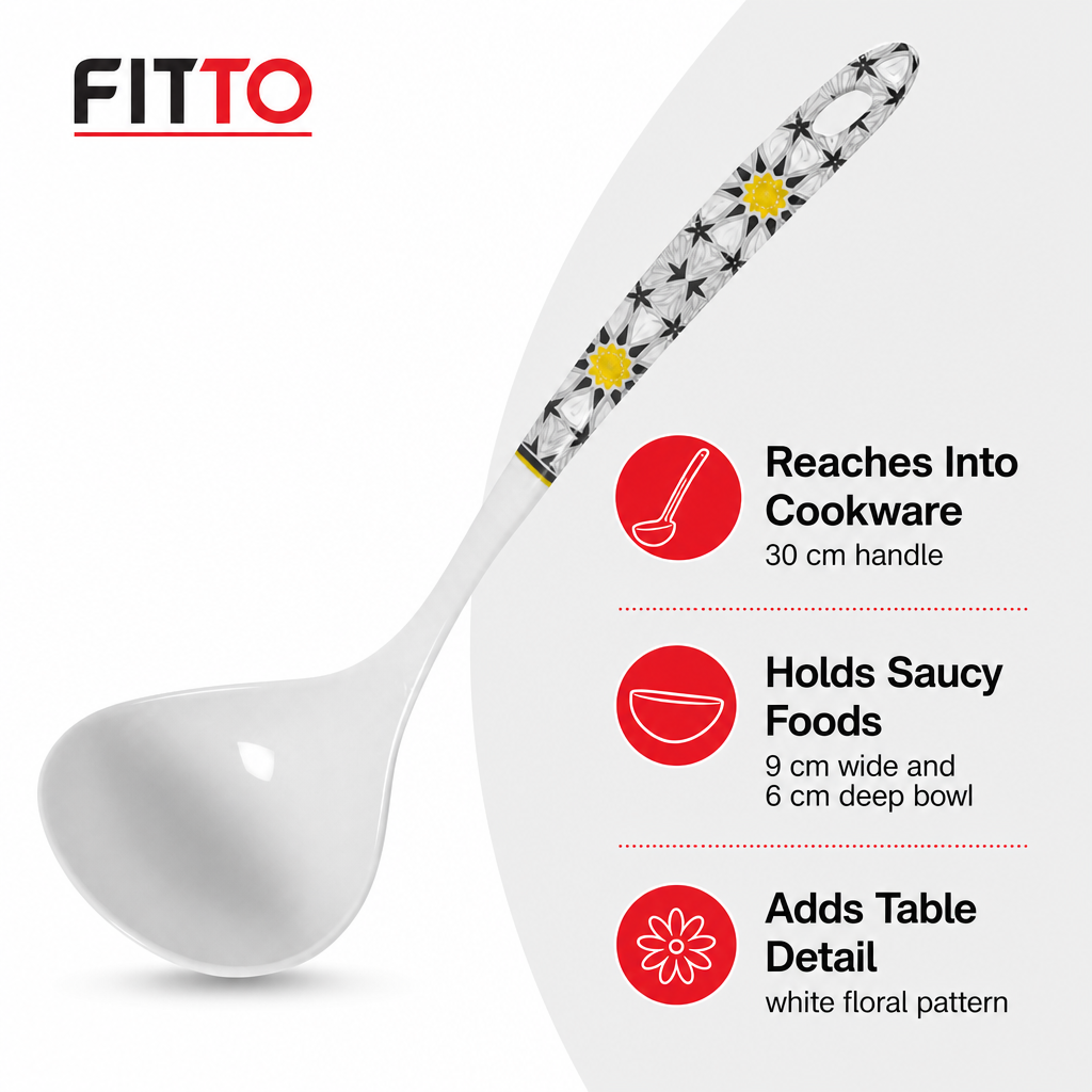 144 Pieces Melamine Curry Ladle, White Floral Pattern, 30 cm Kitchen Serving Spoon