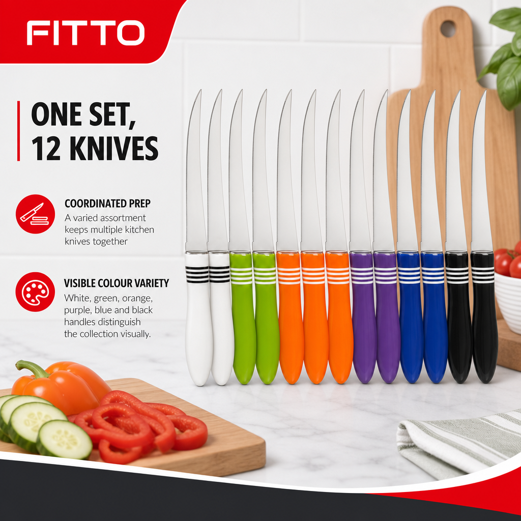 96 Pieces Kitchen Knives Set, Stainless Steel Blades with Multi-Colour Handles, 12 Pieces