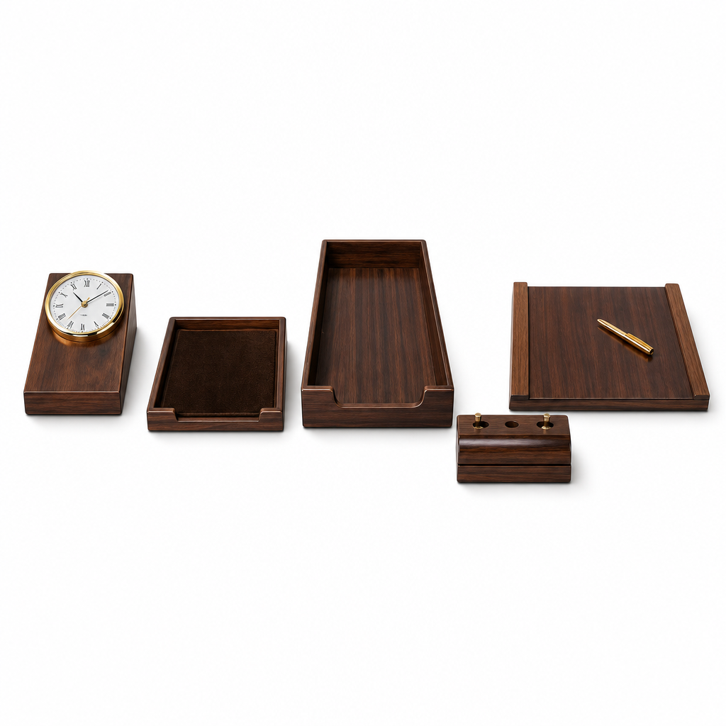 48 Pieces 5-Piece Executive Desk Set with Clock, Writing Pad, Document Tray, Pen Holder and Letter Holder, Wood-Finish