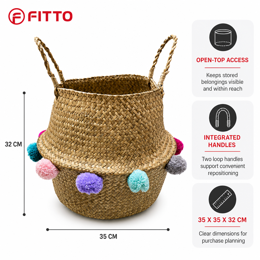 72 Pieces Woven Seagrass Basket with Pom Pom Trim, Natural Decorative Storage Basket with Handles, 35 x 35 x 32 cm