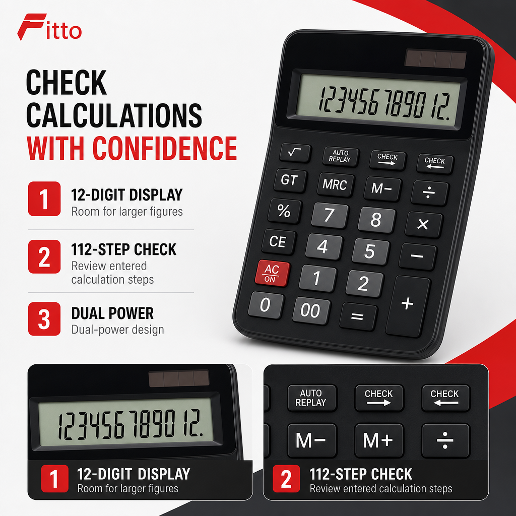 96 Pieces Calculators, Black And White 12-Digit Electronic Calculator With 112-Step Check And Dual Power, 1 Piece