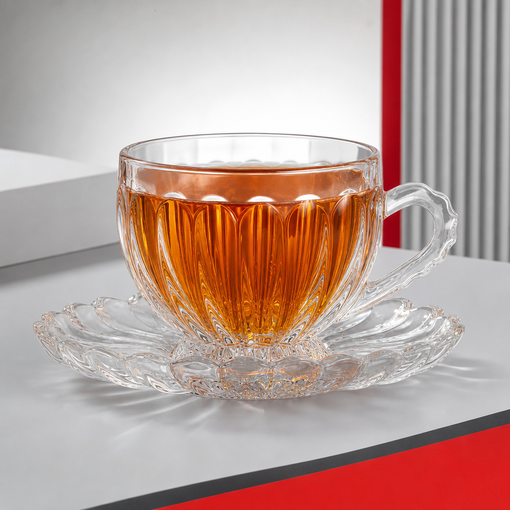 60 Pieces Clear Glass Tea Cup and Saucer Set, 2 Pieces, Faceted Table Setting