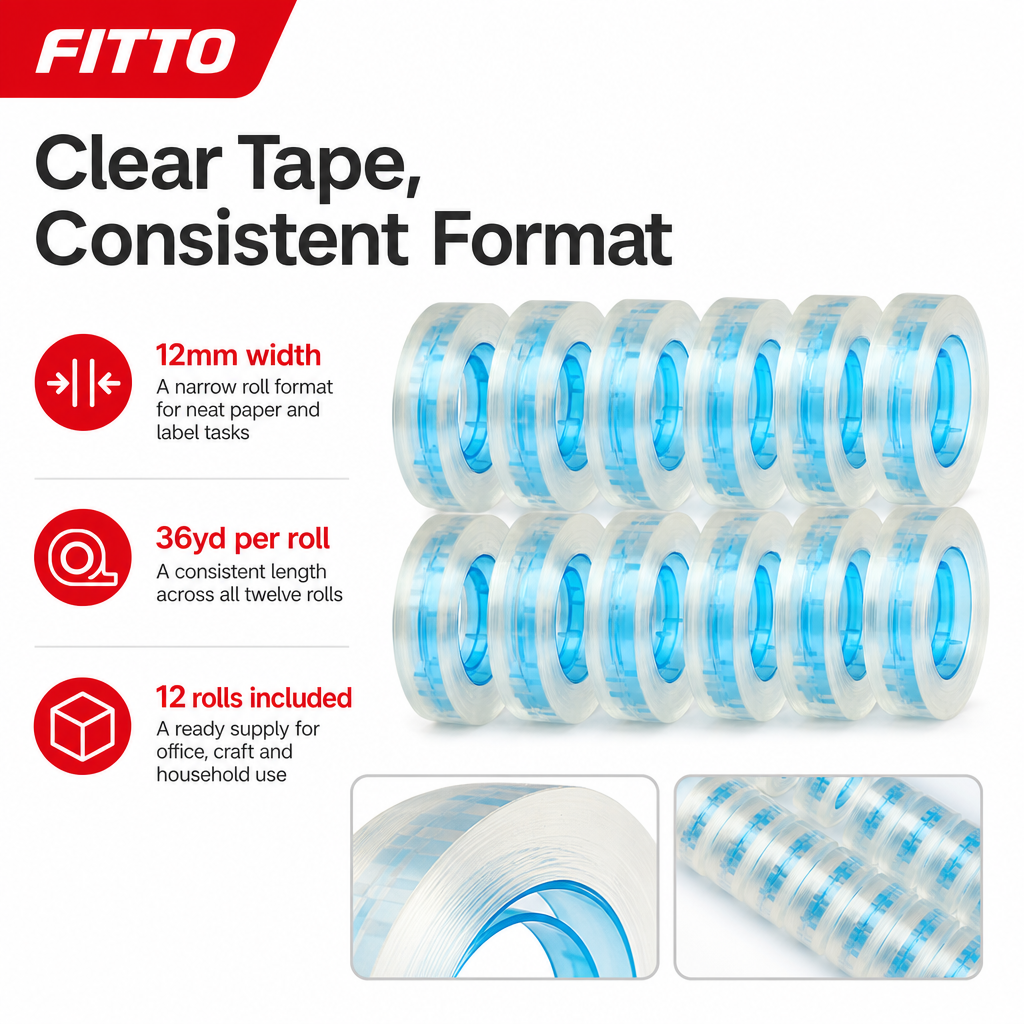 96 Pieces Self Adhesive Crystal Clear Tape, 12mm x 36yd, 12 Rolls for Office, Craft and Household Use