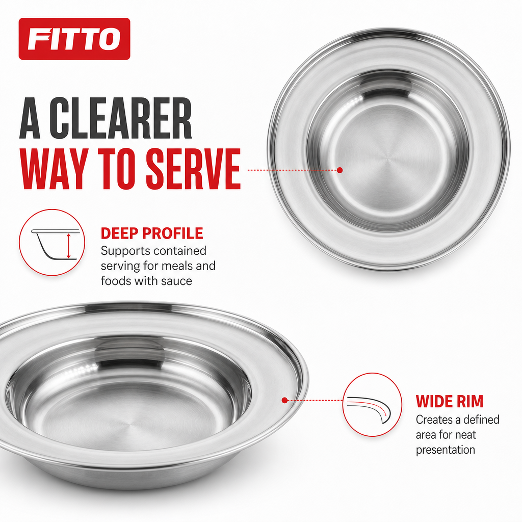 120 Pieces Stainless Steel Round Deep Plate with Wide Rim, 26 cm, 1 Piece