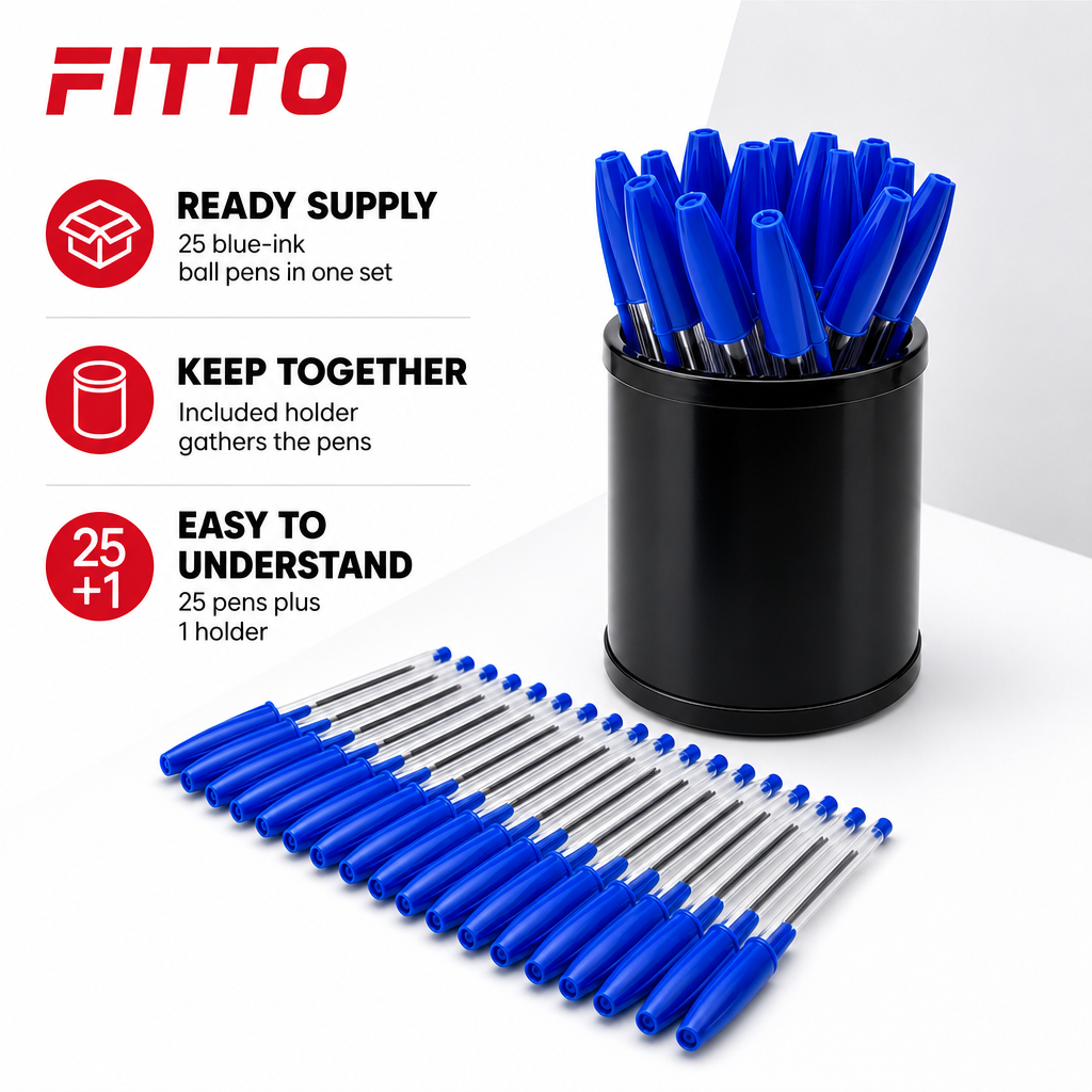 96 Pieces Ball Pens with Pen Holder, Blue Ink, 25 Pack