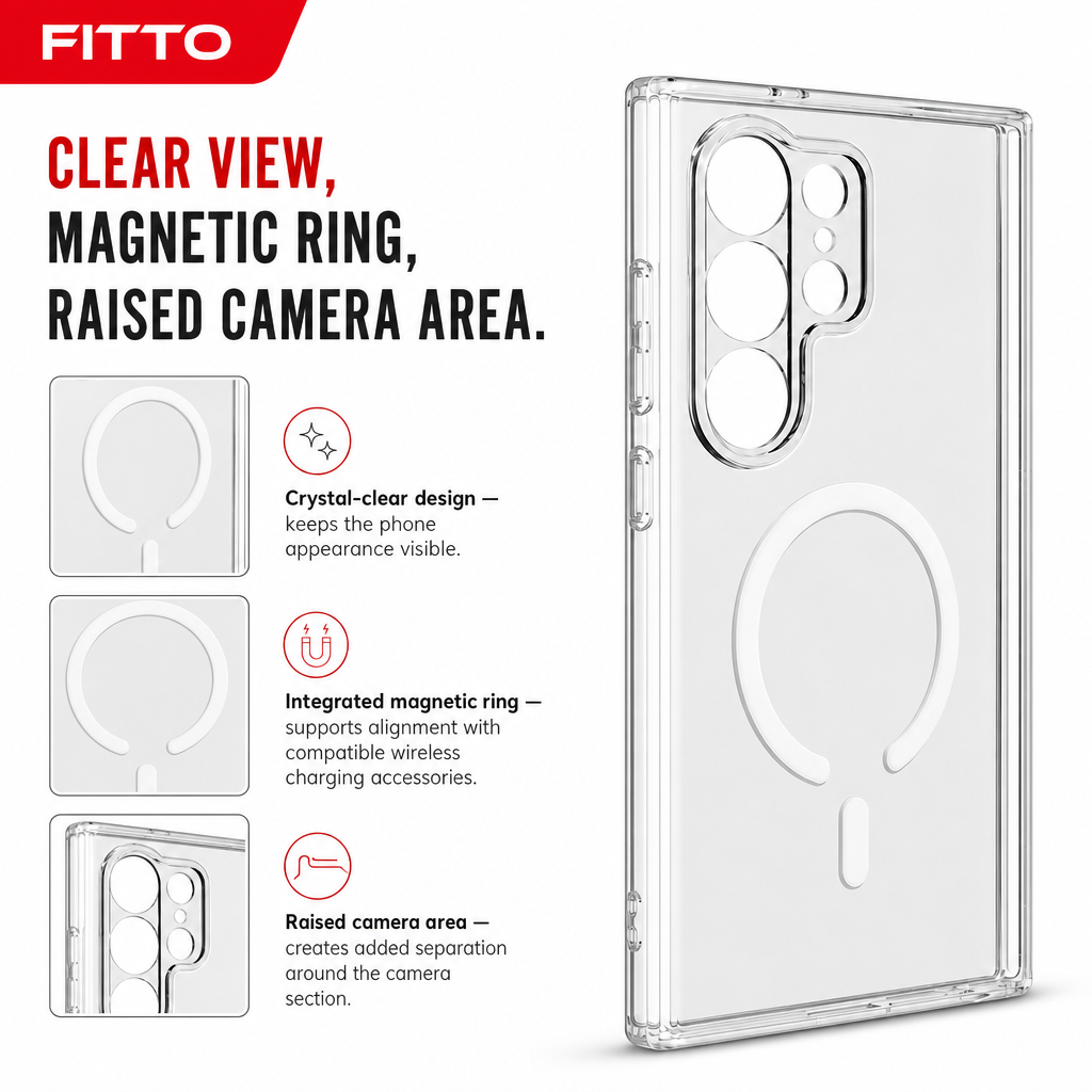 96 Pieces Crystal Clear Magnetic Phone Cases with Ring for Wireless Charging and Raised Camera Protection, S24 Ultra