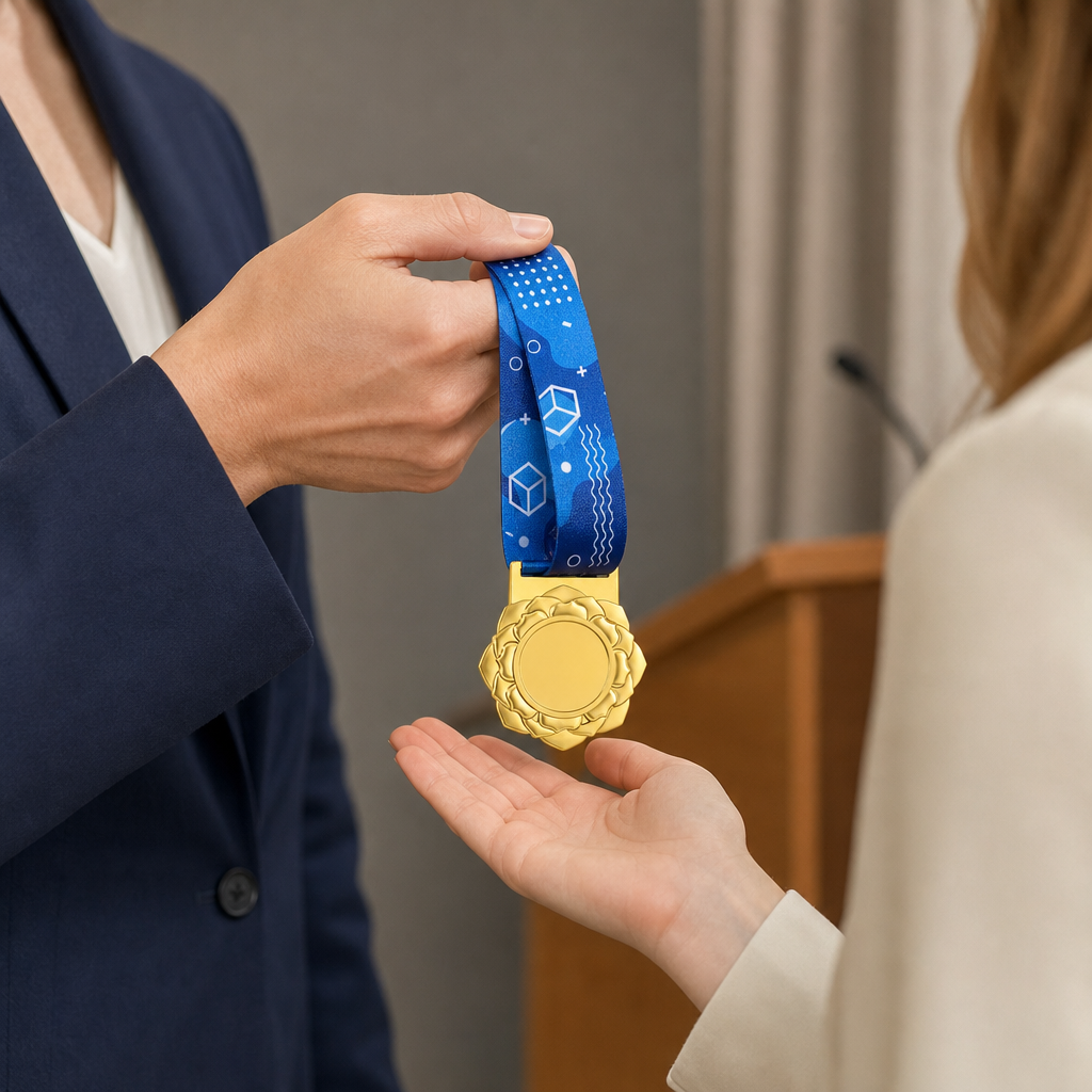 144 Pieces Flower Design Award Medal with Blue Ribbon, Gold Silver or Bronze Colour, Single Medal for Recognition Ceremonies