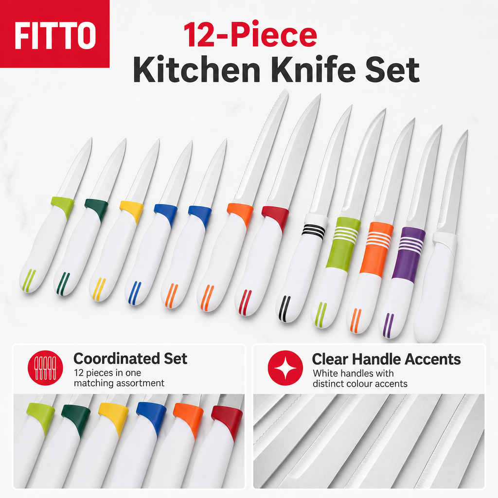 96 Pieces Kitchen Knives Set, Stainless Steel Blades with White Handles and Multi-Colour Accents, 12 Pieces