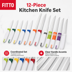 96 Pieces Kitchen Knives Set, Stainless Steel Blades with White Handles and Multi-Colour Accents, 12 Pieces