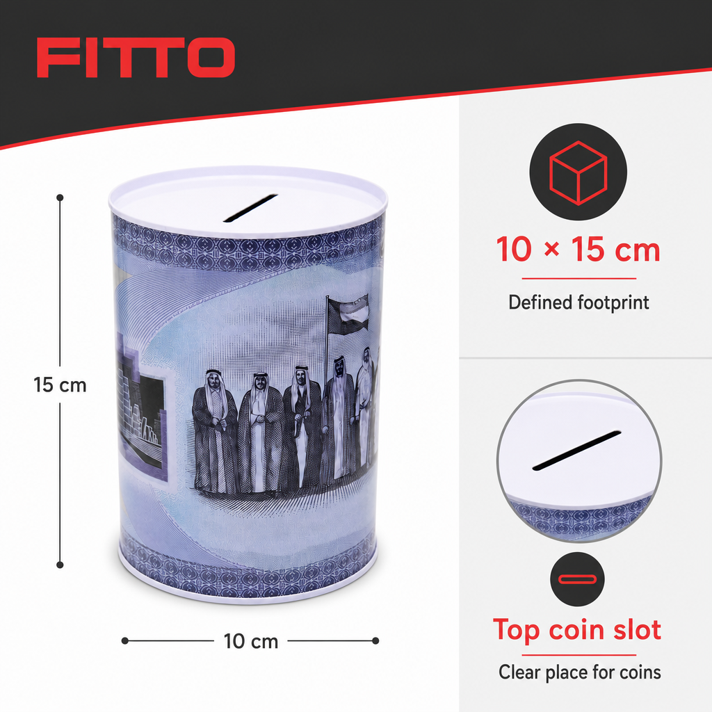 144 Pieces Coin Saving Box, Dirham Design Metal Money Box, Round Cylinder, 10 × 15 cm