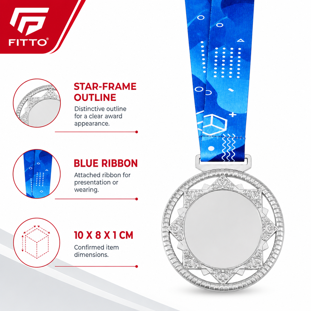144 Pieces Star Frame Sports Medal with Blue Ribbon, Silver, 10 x 8 x 1 cm