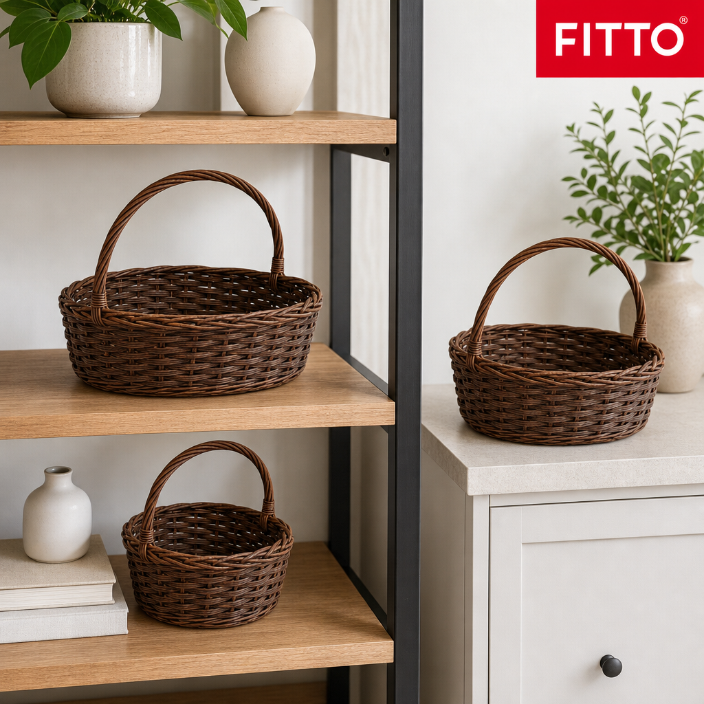 60 Pieces Brown Oval Woven Storage Basket Set with Carry Handles, 13 in, 11 in and 9 in, 3 Pieces