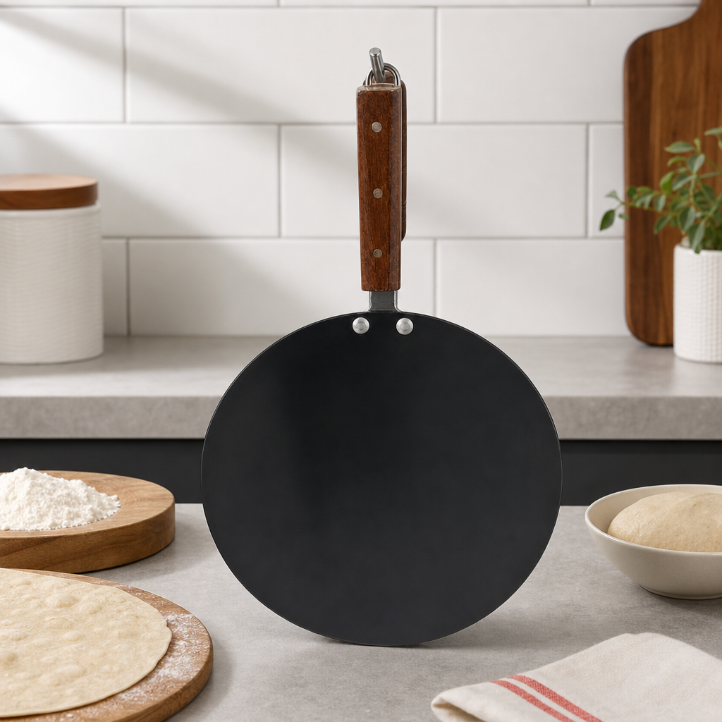 72 Pieces Non-Stick Tawa Pan with Wooden Handle, 14 Inch, Round Black Cookwares