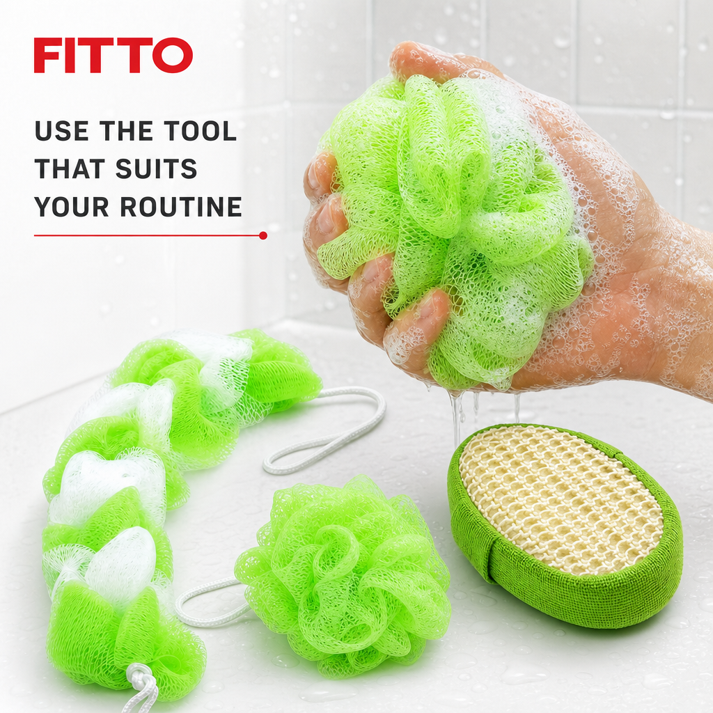144 Pieces Assorted Colour Bath and Body Scrubber Set, Loofah, Mesh Puff and Brush, 3-Piece Personal Cleansing Set