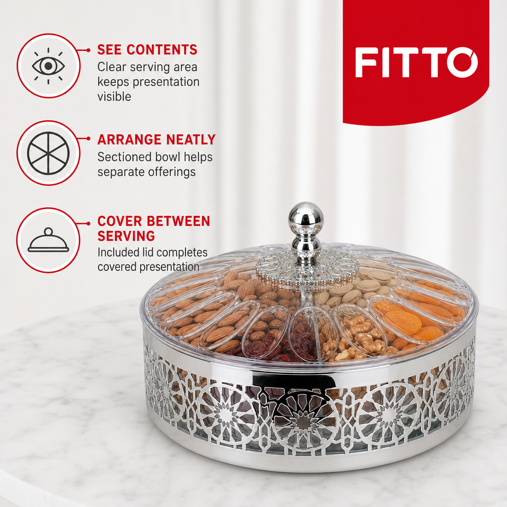 72 Pieces Clear Round Sectioned Serving Bowl with Lid and Silver Floral Metal Frame, 34 x 34 x 24 cm