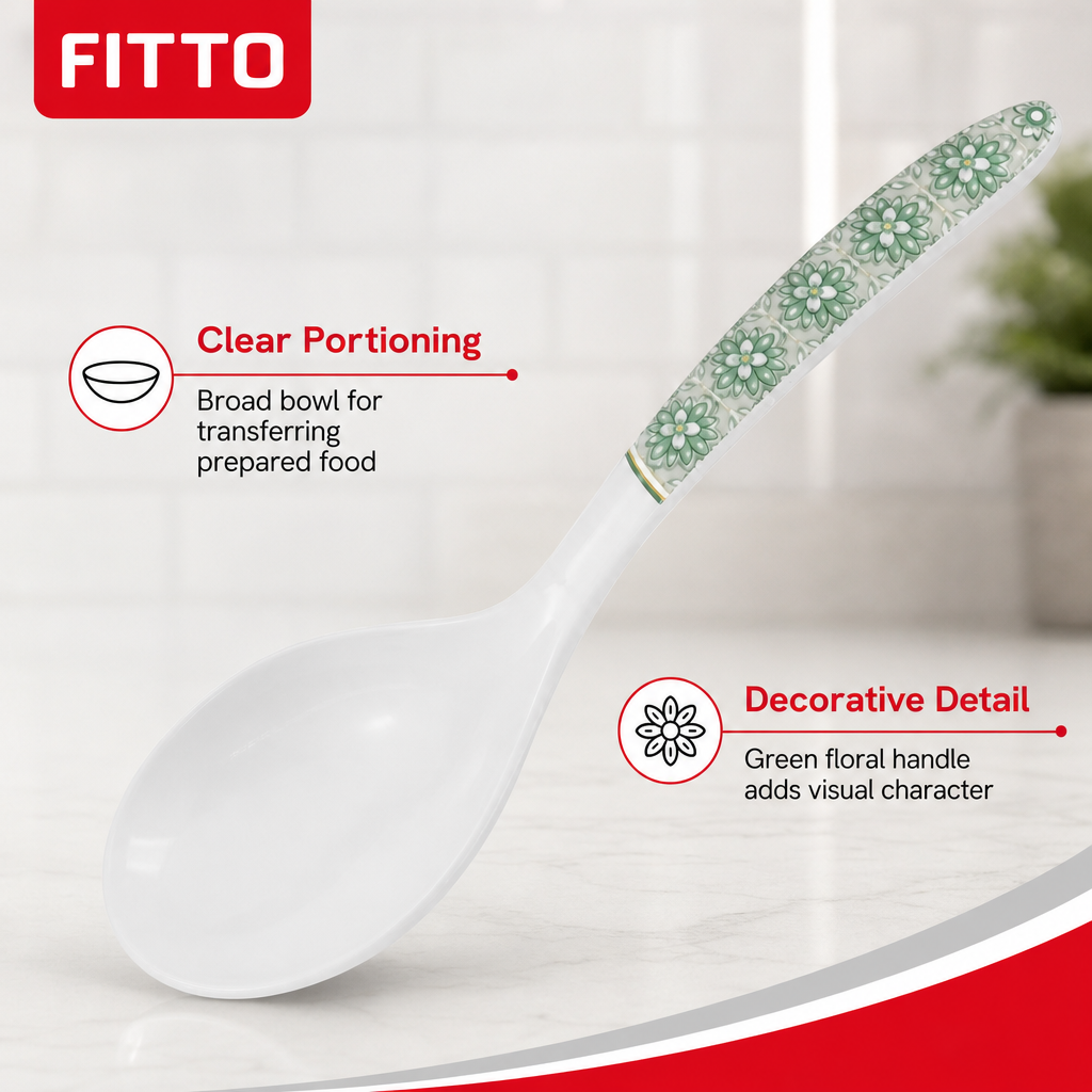 144 Pieces Rice Ladle with Green Floral Handle, White, 26 cm