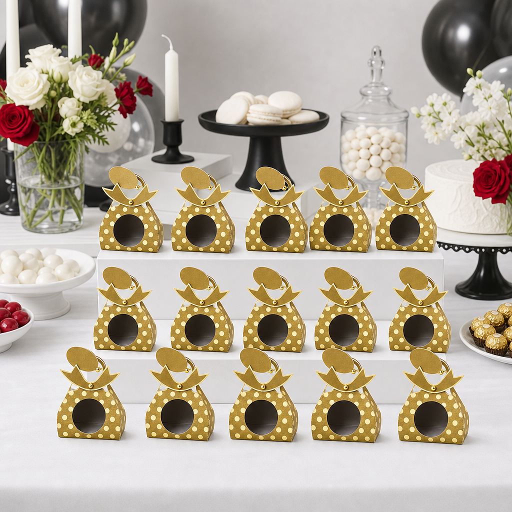 96 Pieces Candy Favor Boxes, Gold Crown-Top Paper Party Containers, 9.5 x 4.3 x 13.2 cm, 12 Pieces