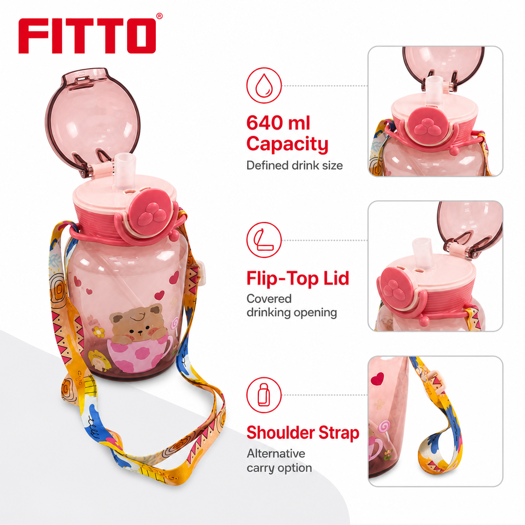 96 Pieces 640 ml Assorted Colour Cartoon Plastic Water Bottle with Shoulder Strap and Flip-Top Lid