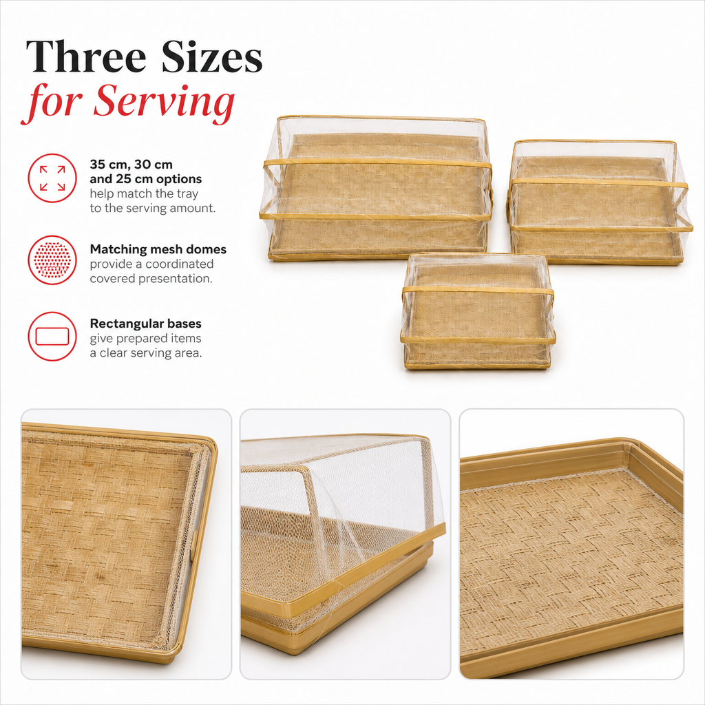 48 Pieces 3-Piece Rectangular Woven Food Cover Tray Set with Mesh Domes, 35/30/25 cm