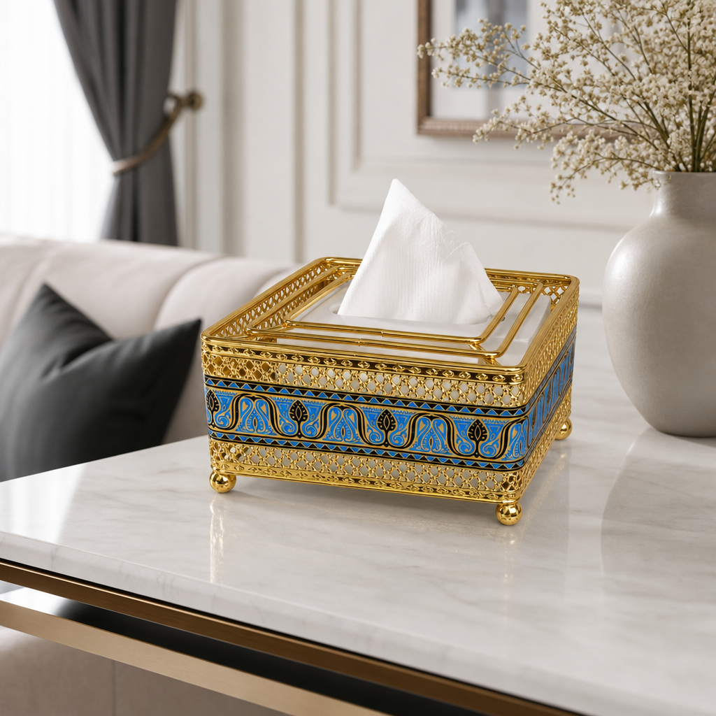 96 Pieces Decorative Square Tissue Box Holder, Gold and Blue, 1 Piece