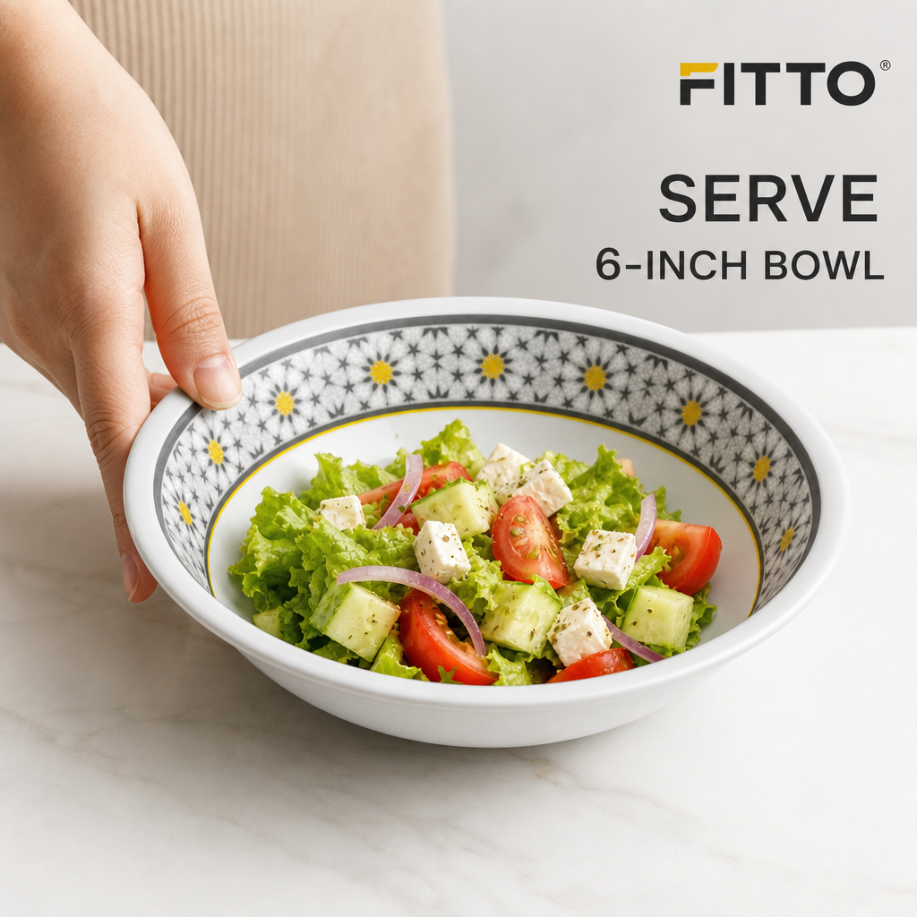 120 Pieces Melamine Salad Bowl, 6 Inch, White and Grey with Yellow Accents, Single Round Serving Bowl