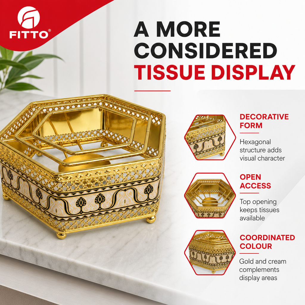 96 Pieces Decorative Hexagonal Tissue Box Holder, Gold and Cream, 1 Piece