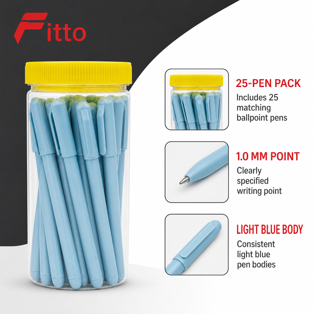 96 Pieces Ballpoint Pens, 1.0 mm, Light Blue Body, 25 Pack