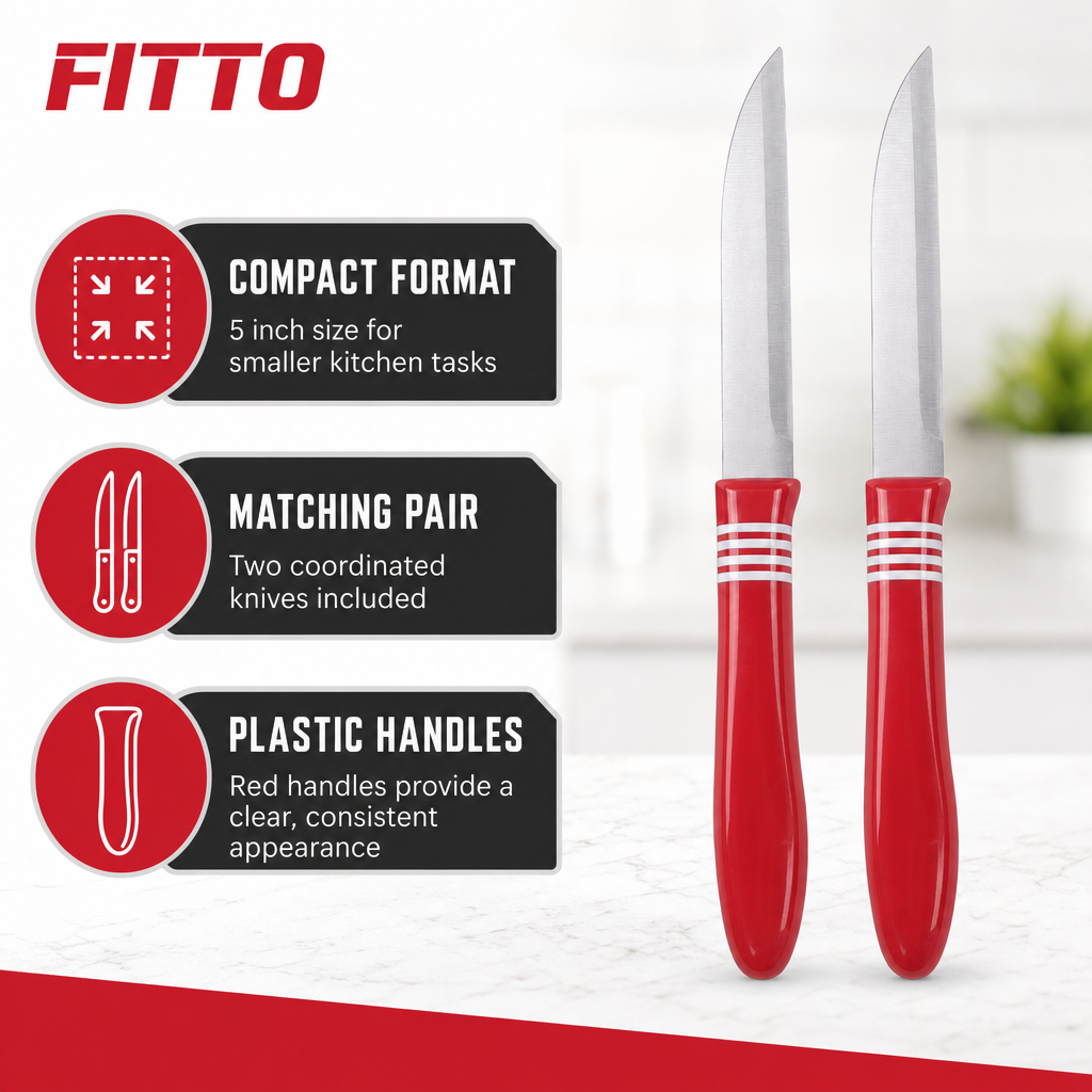 120 Pieces 5 Inch Kitchen Knives Set With Plastic Handles, Red and Silver, 2 Pieces