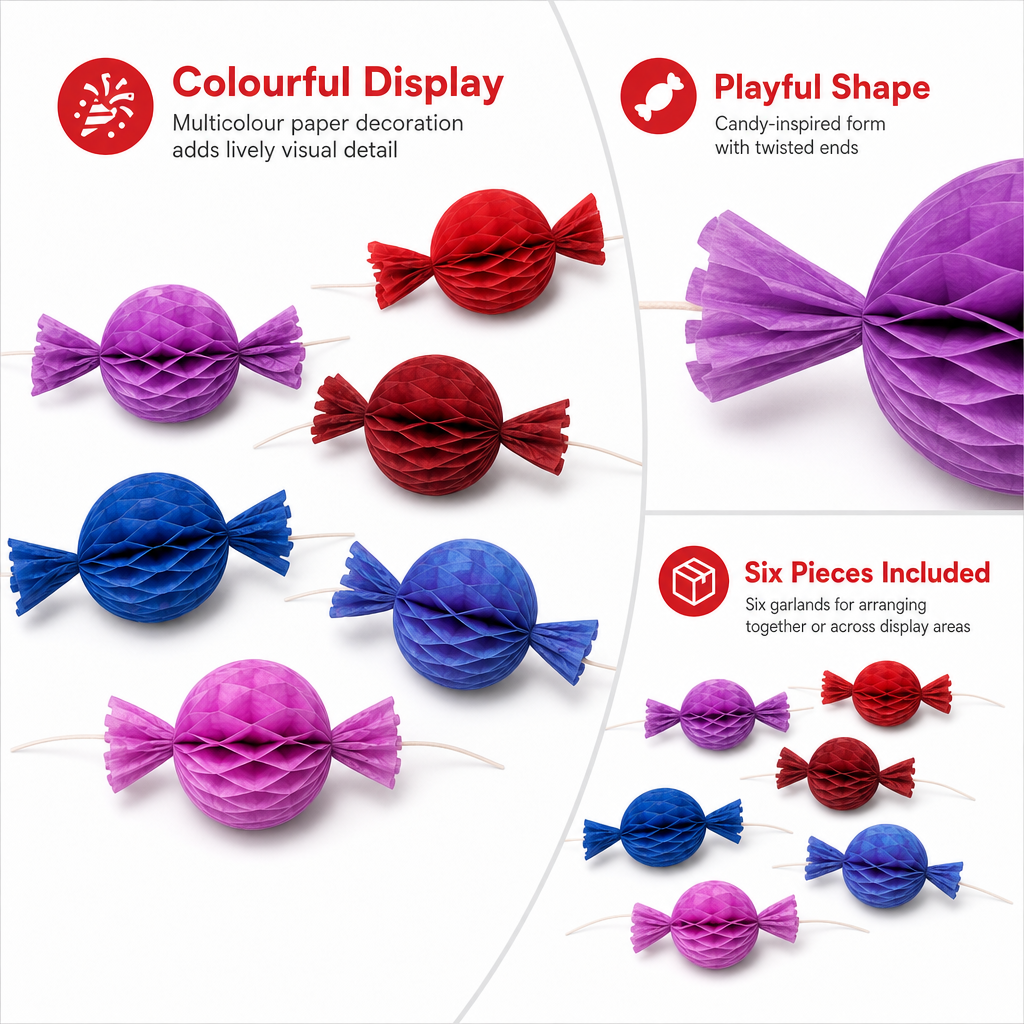 120 Pieces Paper Candy Garland Decoration, Multicolour Hanging Party Decor, 2.5 m x 15 cm, 6 Pieces
